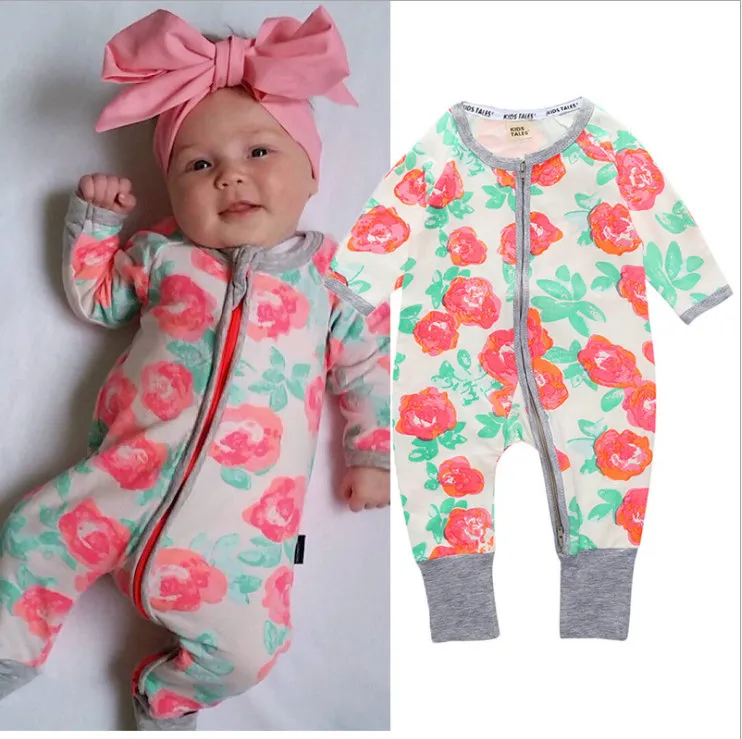 Autumn Flower Print Baby Coverall Coverall Baby Girl Toddlers Girls Fashion Baby Clothes Jumpsuits and Rompers