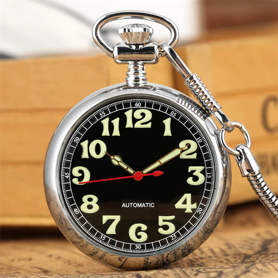 Luminous Arabic Numerals Display Mechanical Self Winding Pocket Watch Exquisite Silver Retro Pendant Clock with 30 cm Fob Pocket T200502