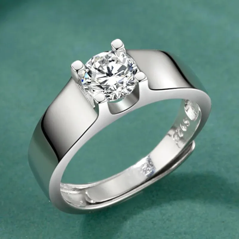 S925 실버 도금 플래티넘 Moissanite 다이아몬드 클래식 부드러운 반지 남자 결혼식 약혼 간단한 패션 크기 조정 가능한 보석