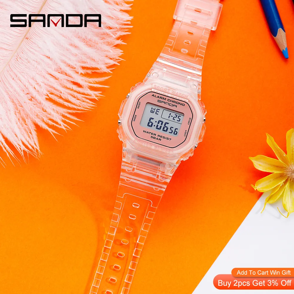 SANDA Mode Sport Vrouwen Transparante band LED Digitale Klok Dames Elektronisch Horloge Reloj Mujer Relogio Feminino 2009 201217178H