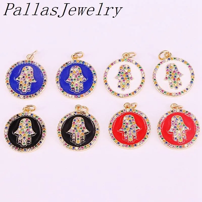 Pendant Necklaces Fashion Rainbow CZ Pave Hamsa Hand Enamel Charm Round Gold Jewelry For Women1219K