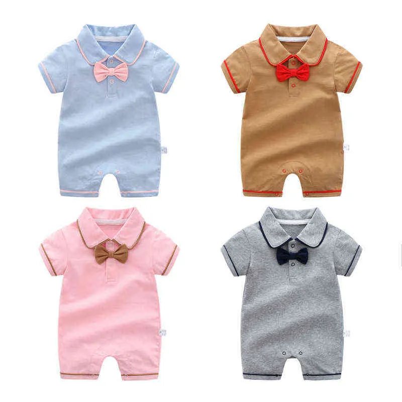 Mode Reborn Baby Kläder Tjej Pojke Romper Jumpsuit Soild Färg Bomull Kortärmad V-Neck Nyfödda Pojkar Rompers 0-12 Månad G1221