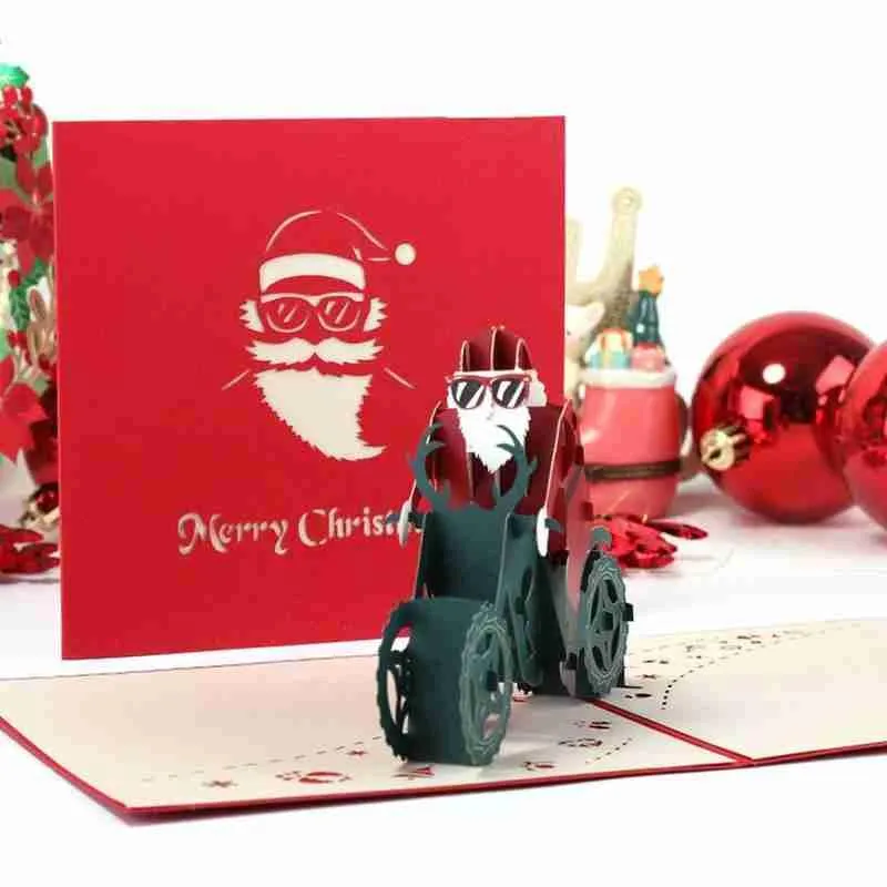 Wenskaarten Kerst Driedimensionale Kaart Kerstman Motorfiets Handgemaakt 3d Maatwerk Carving Papier A R L2J9261g