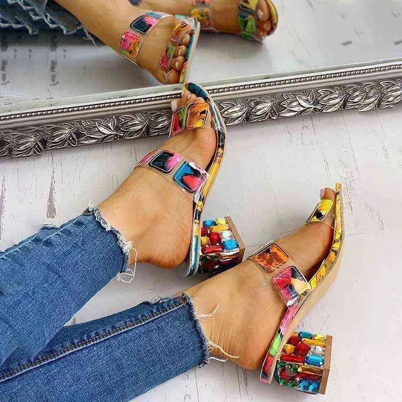 Sandálias mulheres saltos quadrados verão sandálias peep toe senhoras multi cores cunha sapatos sandalias de verano para mujer y220209