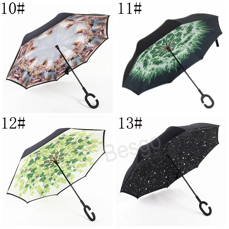 Dubbelskikt Inverterade paraplyer med C-handtag Omvänd vindtät Soligt paraply Unisex Bend Handles Paraply Portable Rain Gear BH6102 TYJ