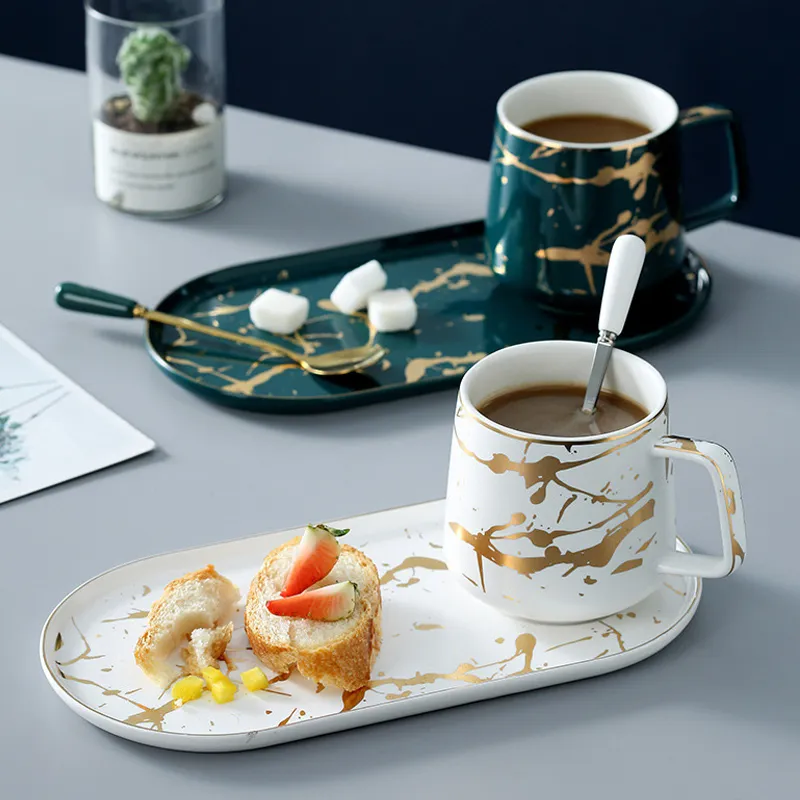 MUZITY Latte in ceramica con piatto da colazione in porcellana di marmoTazza da tè e piattino Set una persona Q1222