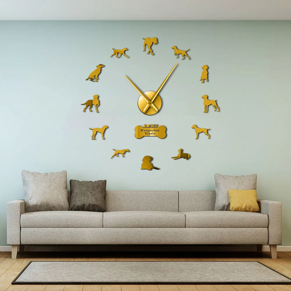 Hongaarse aanwijzer vizsla hondenmuur clok met verschillende houdingen kunststickers magyar grote frameloze modern horloge y200407