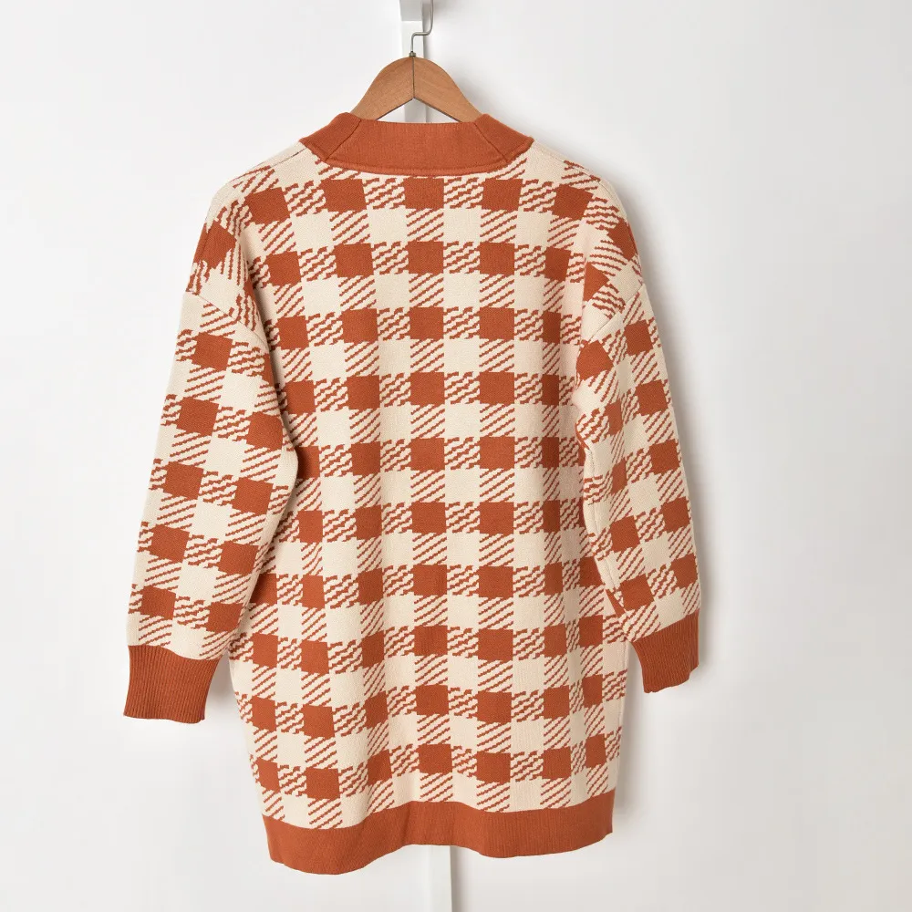 2021 Lente Lange Mouw V-hals Houndstooth Gebreide Pockets Paneled Single-Breasted Sweater Dames Mode Vest Sweaters J23161120