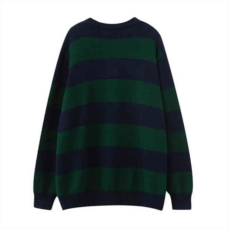 PUWD Vintage Women V Neck Stripe Sticke Cardigan Autumn Fashion Loose Cotton Sweaters Girls Chic Knitwear Tops 220124