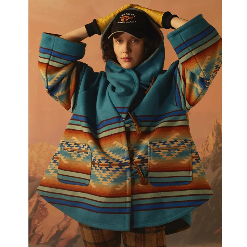 Diseño de marca elegante mujer moda capa abrigo impresión mezclas abrigo de lana cálido invierno ropa exterior manga llamarada chaquetas femeninas sueltas 201221