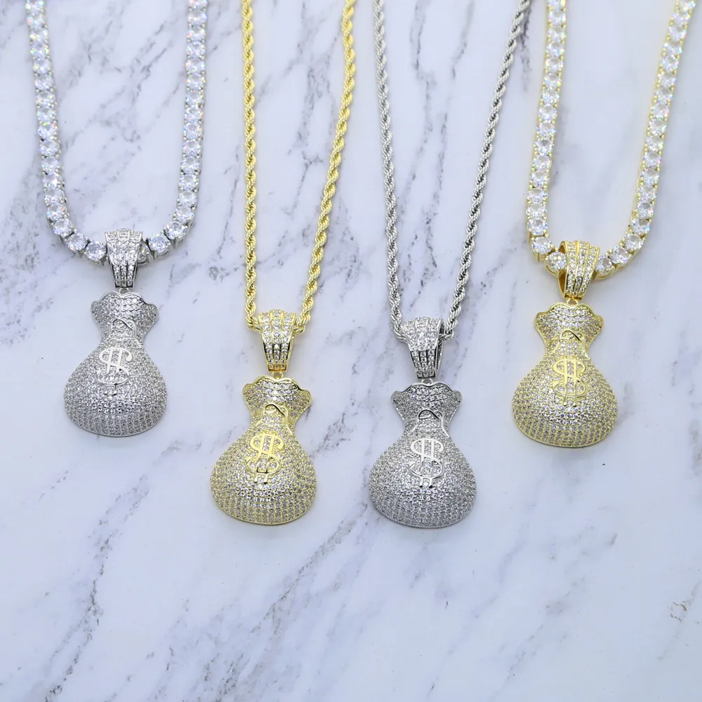 Full Micro Paved Cubic Zirconia CZ Iced Out Dollar Money Bag Pendant Hip Hop Women Necklace With Tennis Box Chain2987