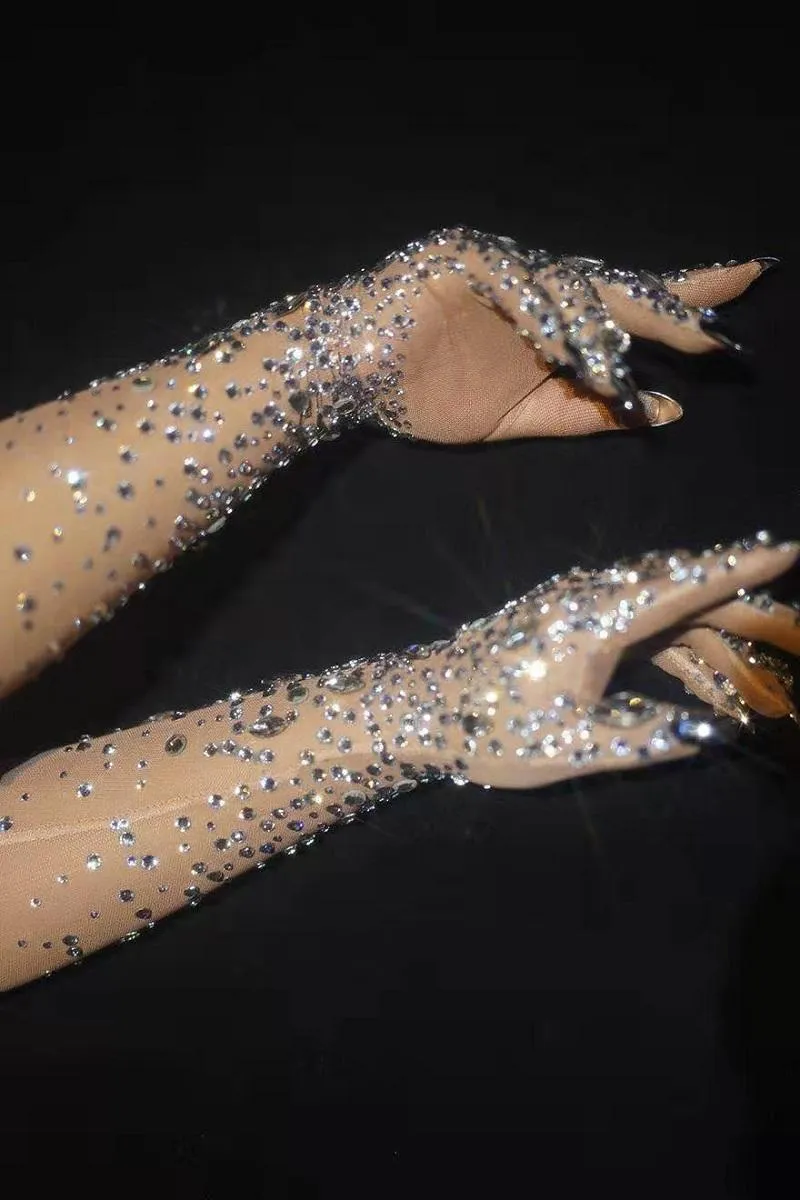 Five Fingers Gloves Luxurious Stretch Rhinestones Women Sparkly Crystal Mesh Long Dancer Singer Nightclub Dance Stage Show Accesso217b