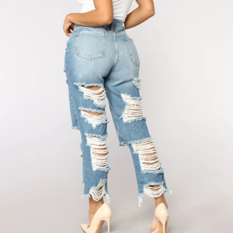 Sexy back buraco afligido jeans de namorado rasgado para mulheres cintura alta cintura destruída jeans rua rocha cortada solta reta jean 201105