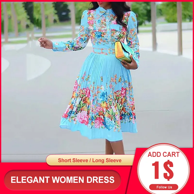 Spadek Z Długim Rękawem Kobiety Plisowane Kwiatowy Druku Dresy 2020 Eleganckie Kobiet Plus Rozmiar Afryki Biurowe Damska Vintage Midi Dress Retro J1215