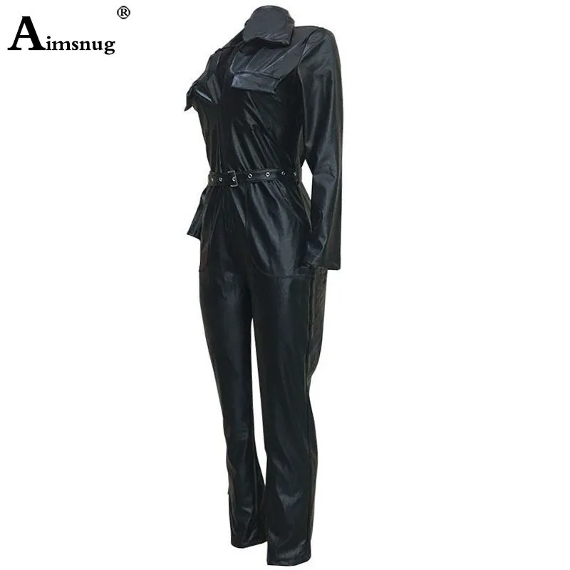 Kvinnor Mode Hög Midja PU Läder Jumpsuits Lace-up Skinny Bodysuits Flickor Zipper Faux Läder Vår Vinter Sexiga Overaller T200303