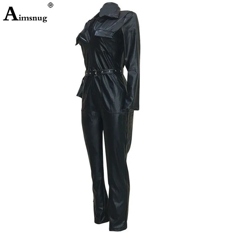 Women Fashion High Waist PU Leather Jumpsuits Lace-up Skinny Bodysuits Girls Zipper Faux Leather Spring Winter Sexy Overalls T200303