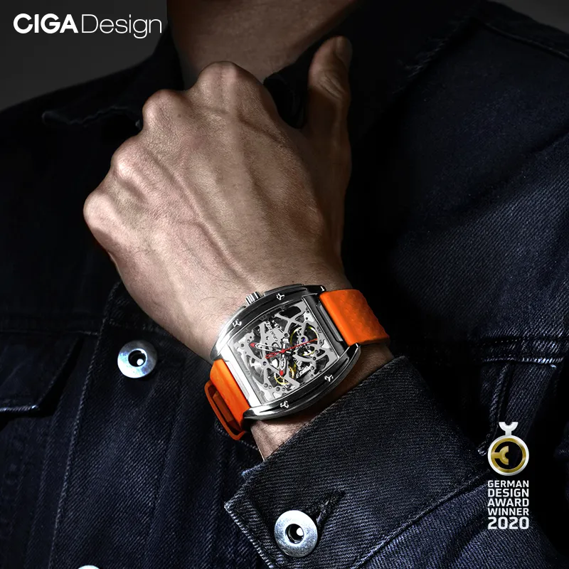 Ciga design z série titânio caso relógio de pulso mecânico automático pulseira de silicone com uma pulseira de couro para lj20307r
