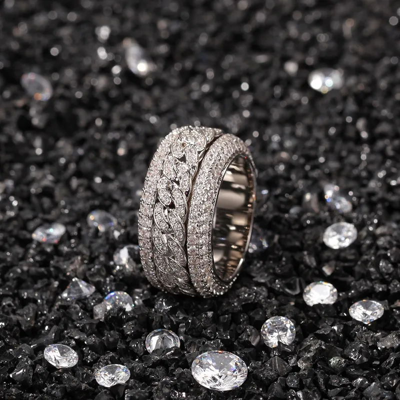 Cyrkon Diamond Pierścienie złota bling bling hip hop lodowany palcem pierścień kubański łańcuch łącza 11 mm przesadzony pierścień opaski dla kobiet mężczyzn w stylu biżuterii vintage biżuteria