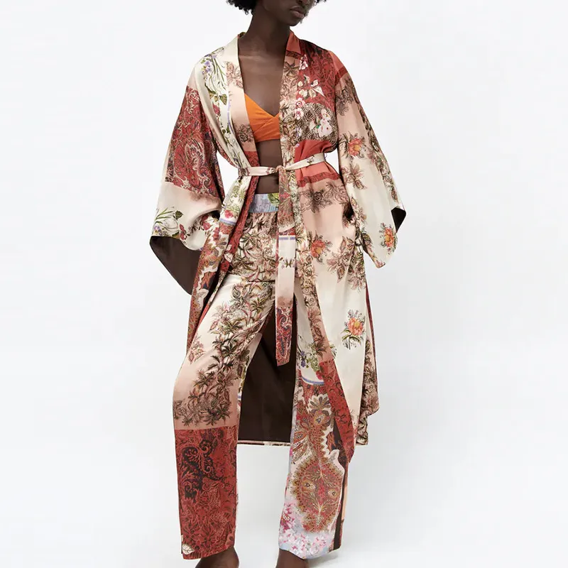 TRAF ZA 2 pièces femmes Kimono chemises + pantalons costume ceinture été complet imprimé x-long Blouse ensemble femme pantalon vêtements décontractés 220226