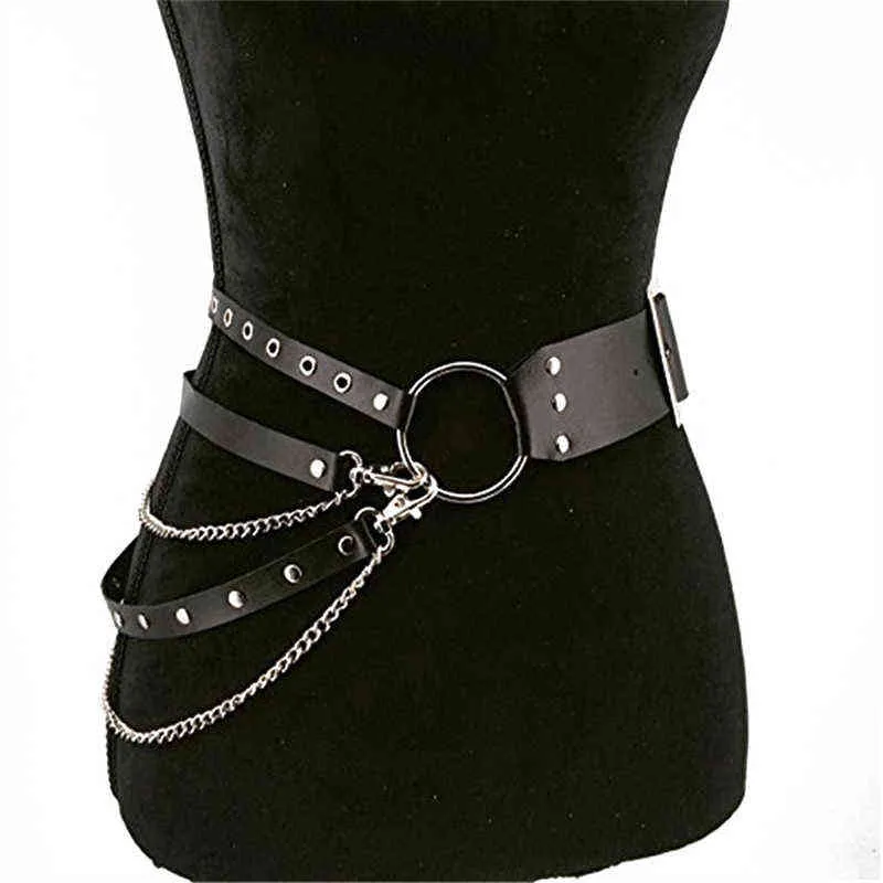 Neue Frauen Gothic Punk Taille Gürtel Kette Coole Metall Kreis Ring Design Silber Pin Schnalle Leder Schwarz Bund Jeans Taille gürtel G220301
