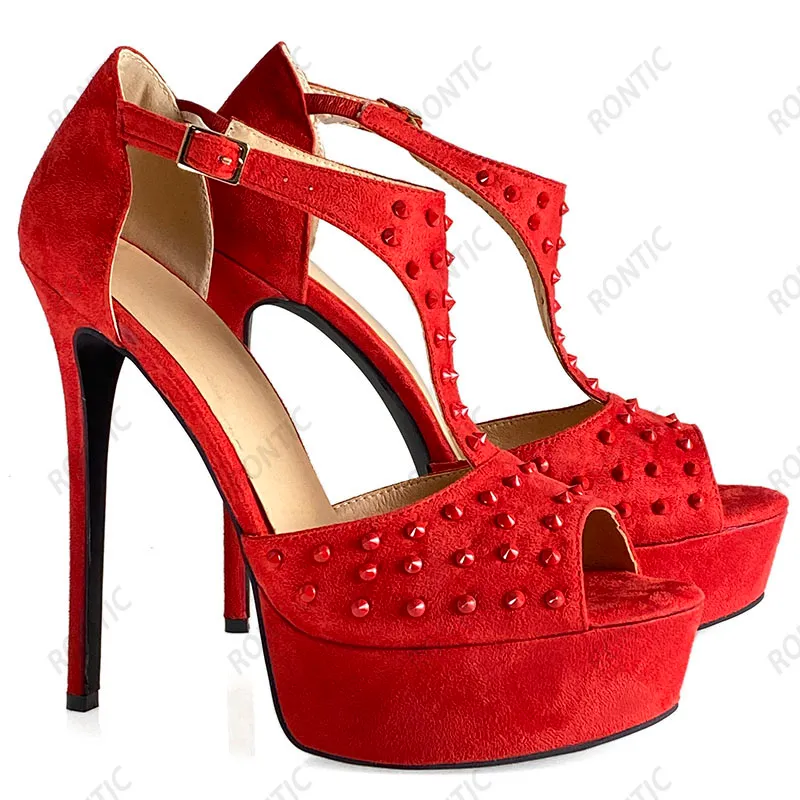 Rontic Hot Handgjorda Kvinnor Plattform Sandaler T-rem Sexig Studded Stiletto Heels Open Toe Gorgeous Red Party Shoes US Storlek 5-20