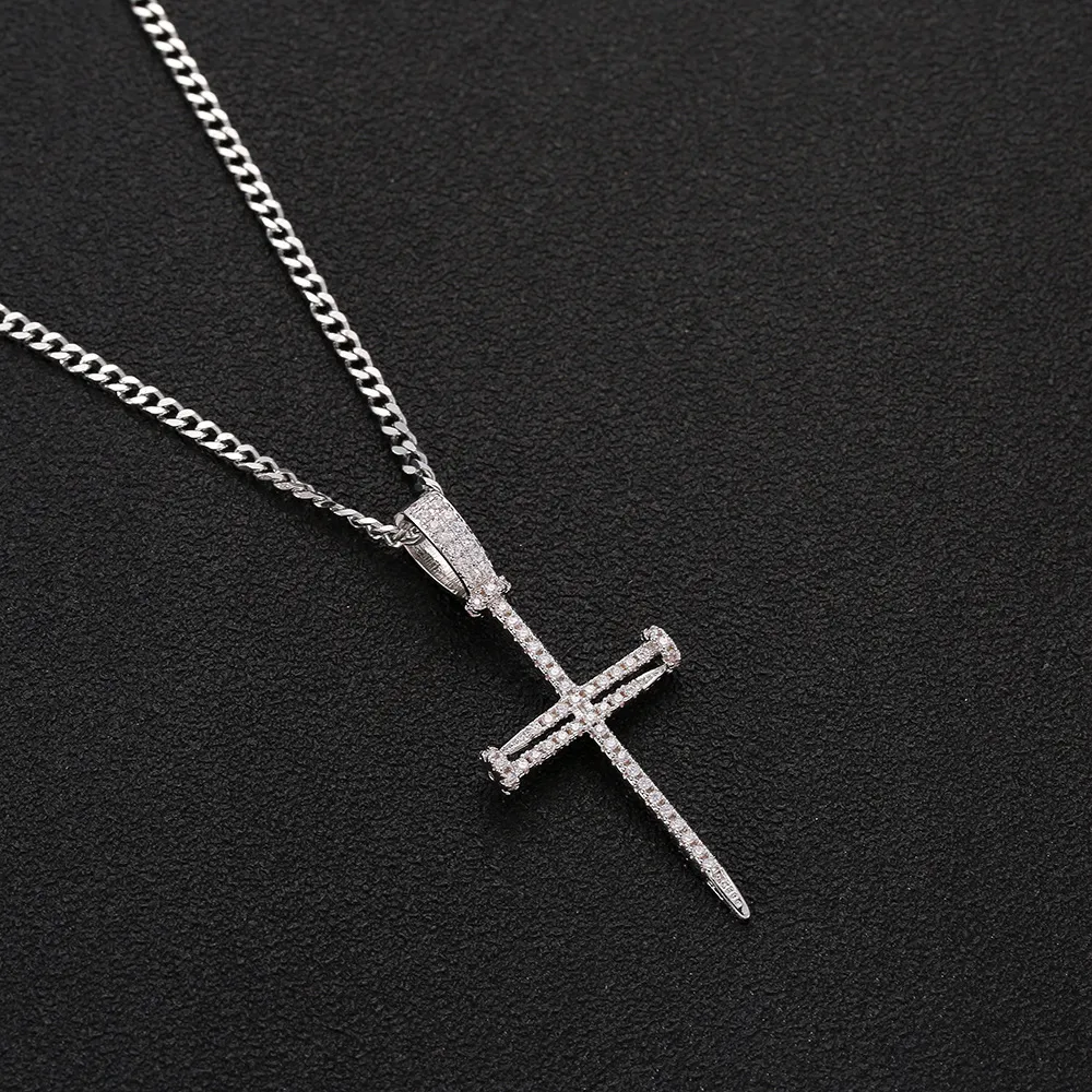 Nail Cross Pendant Gold Silver Copper Material Iced CZ Pendants Necklace With Chain Fashion Hip Hop Jewelry326P