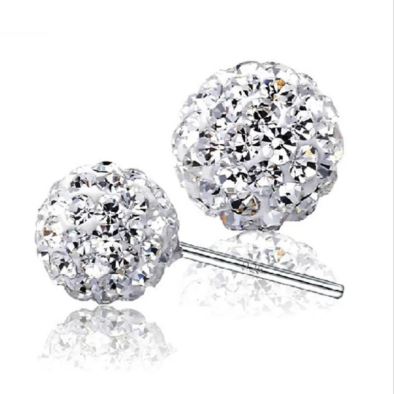 Boucles d'oreilles en boule de cristal de haute qualité en argent sterling 925 avec strass et bijoux en perles 10 mm 8 mm 6 mm pour femme