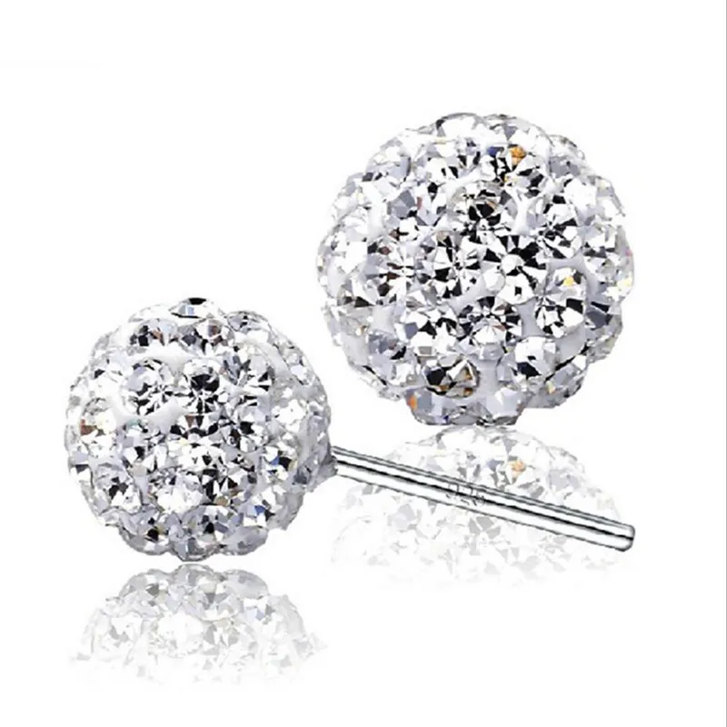 Cristal Ball Stud Brinco de Alta Qualidade 925 Sterling Silver Strass Bead Jóias 10mm 8mm 6mm para mulher