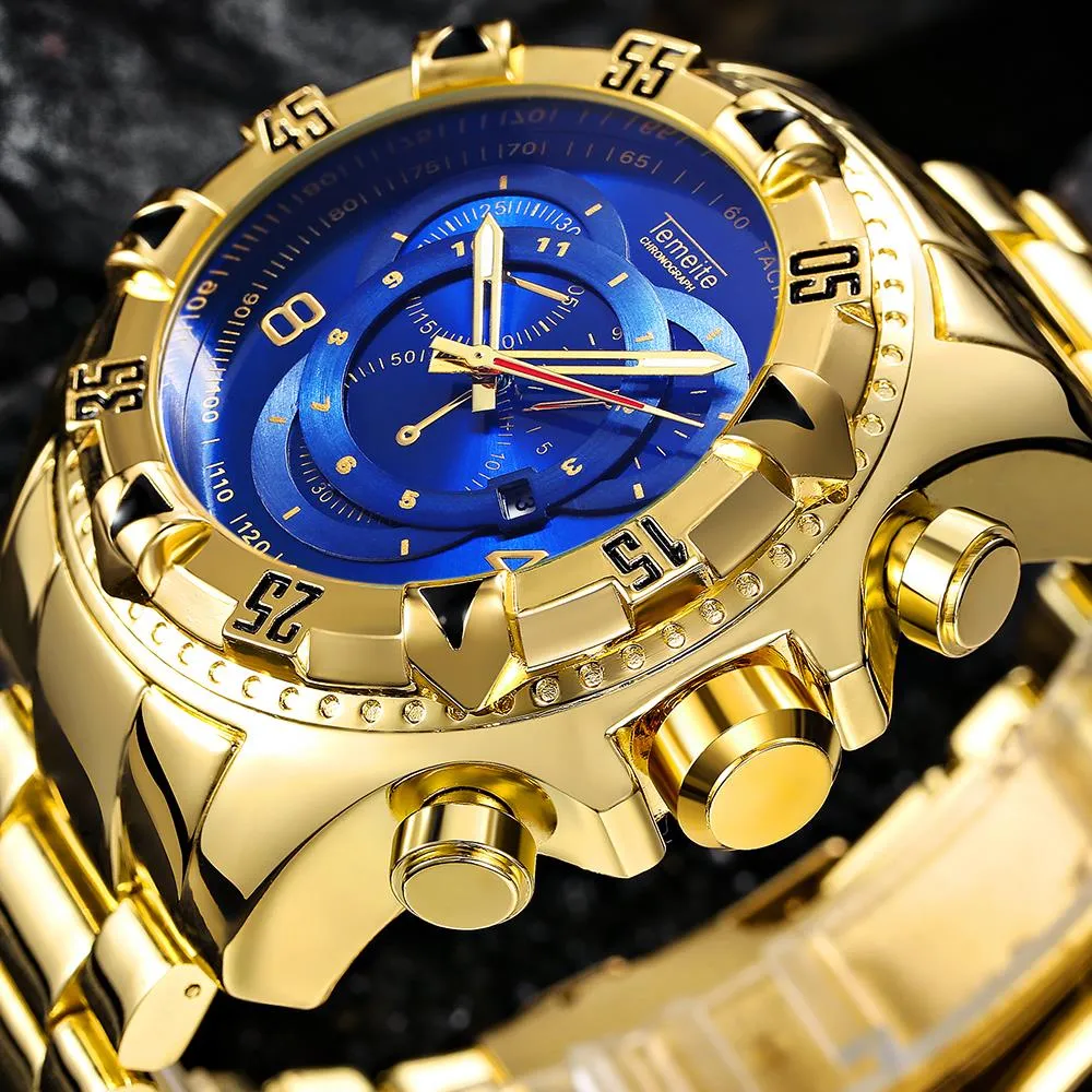 Relogio TEMEITE 2018 Nieuwe Quartz Horloges Heren Mode Creatieve Zware Waterdichte Horloge Luxe Goud Blauw Volledig Staal Masculino2249