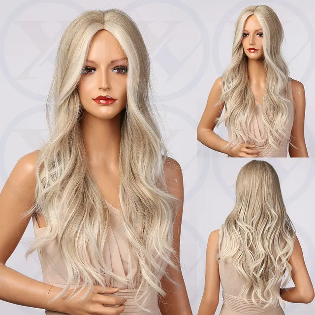 Długa falista platynowa blondynka podświetlają peruki syntetyczne naturalne peruki dla kobiet w środkowej części codzienne peruki odporne na ciepło 49997438