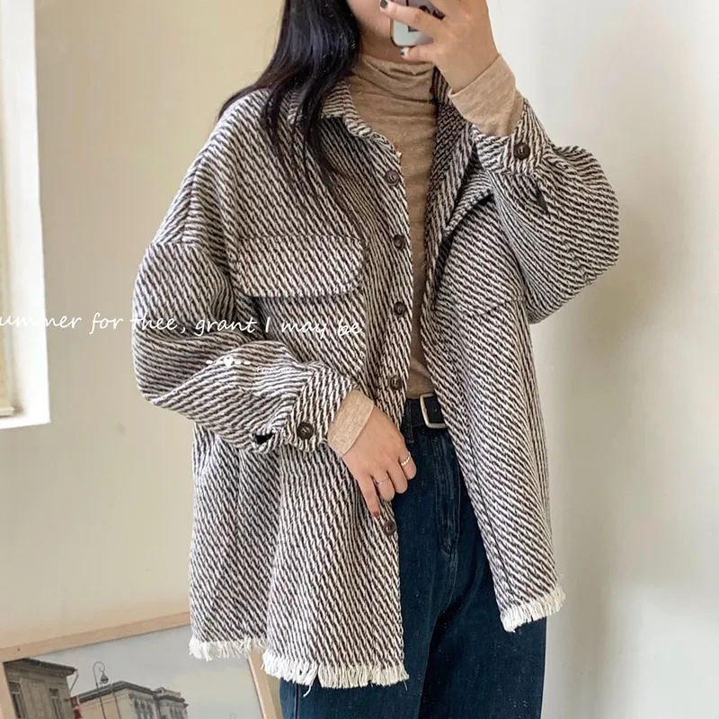 Bella Autumn New Retro Houndstooth Shirts Vintage Tassel Loose Wild Long Sleeve Jacket Casual Street Lady Outwears LJ201021