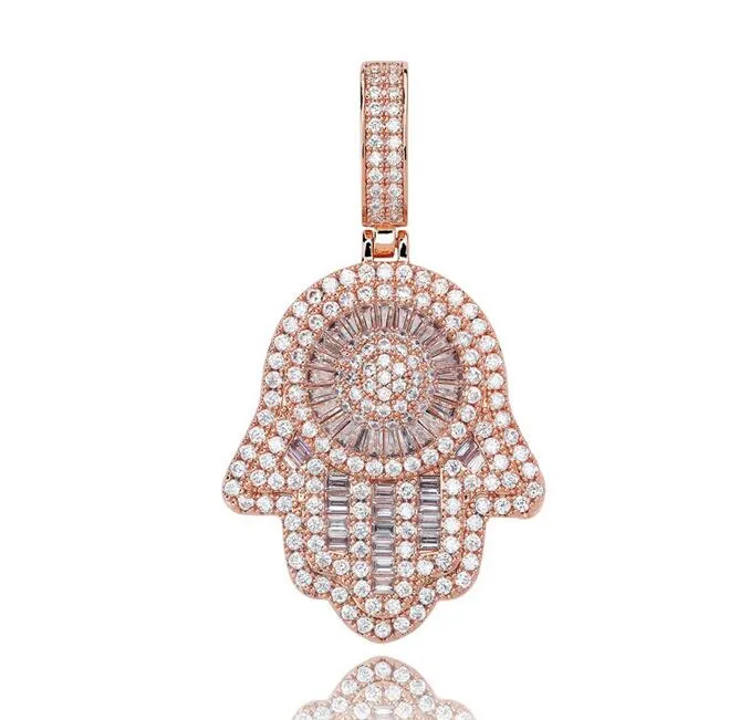 Iced Out Hands of Fatima Hamsa Pendant Collier CZ Copper Top Quality Cumbic Zircon Bling for Men Women Women Hip Hop Cadeaux 313L