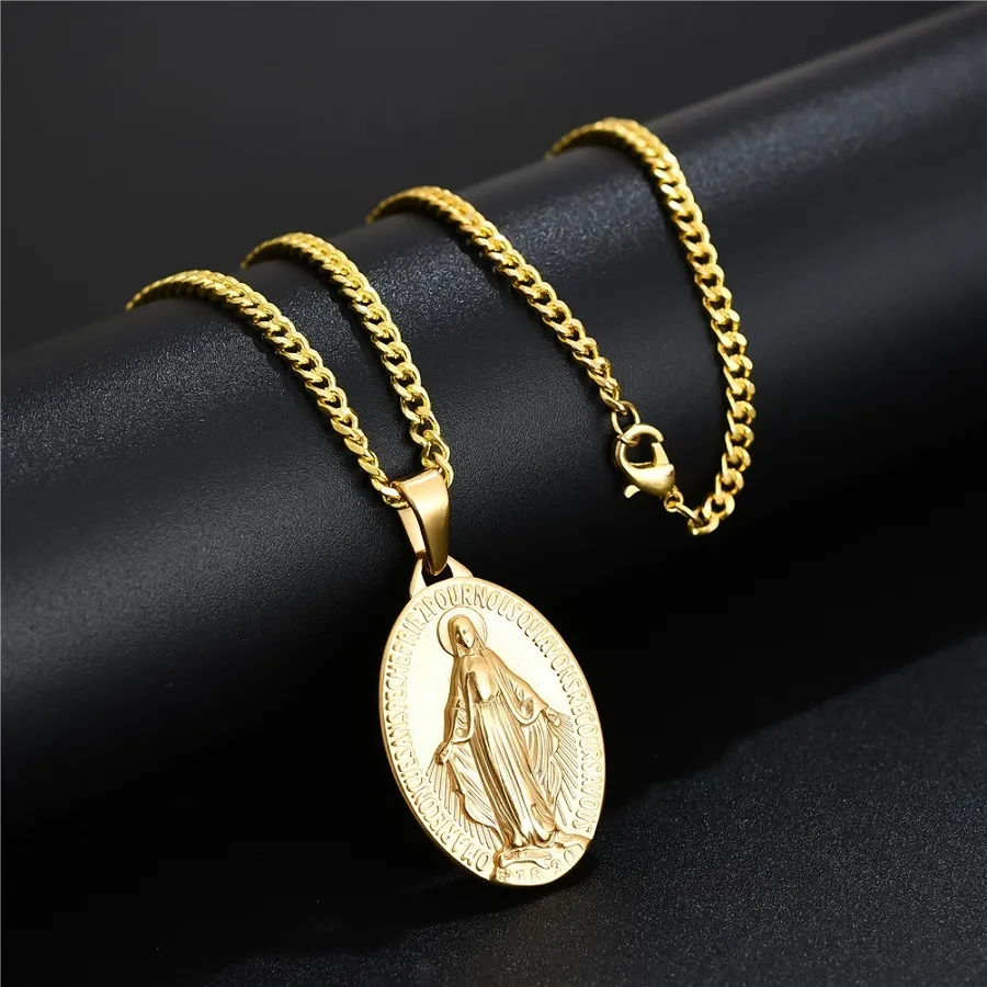 Fashion Mens 18k Gold Plated Virgin Mary Pendant Halsband Fashion Hip Jewelry Designer Link Chain Punk Men Neckor For Men Women304T