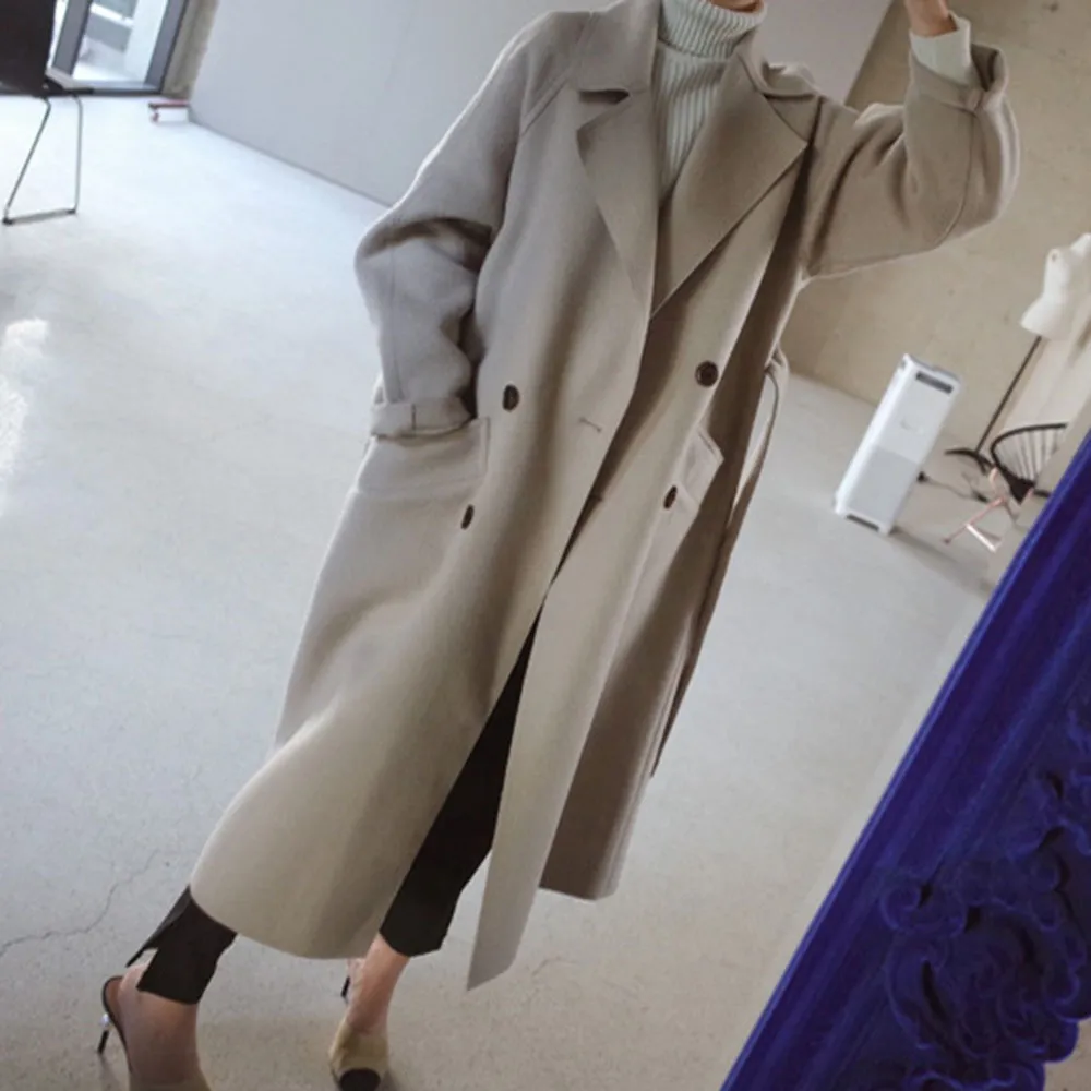 Winter Beige Elegant Wool Blend Women Korean Fashion Black Long Coats Vintage Minimalist Woolen Overcoat Camel Oversize Outwear 201217