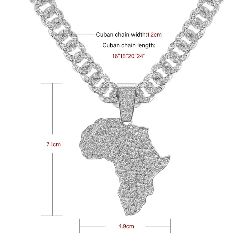 Collier pendentif carte de l'afrique en cristal pour femmes et hommes, accessoires Hip Hop, bijoux, ras du cou, chaîne à maillons cubains, cadeau 339E