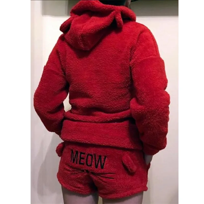 Womens Cat Fleece 푹신한 따뜻한 PJS 잠옷 잠옷 잠옷 세트 잠옷 복장 후드 잠옷 Cosplay Homewear Y200708