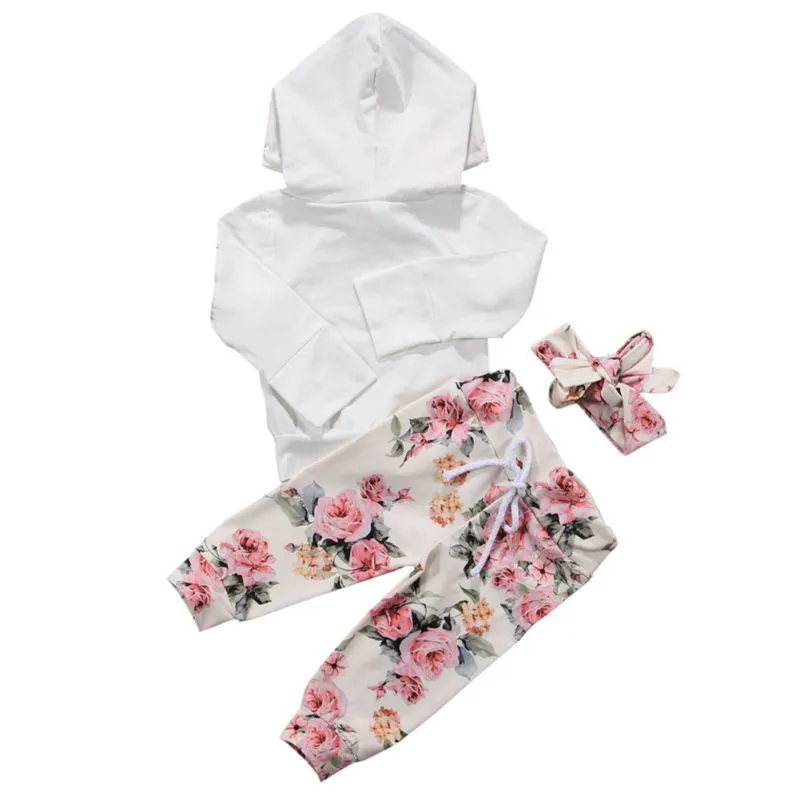 Brand New Toddler Spädbarn Nyfödda Baby Girls Floral Outfit Kläder Tracksuit Hooded Toppar + Leggings Byxor Headband Set 0- LJ201223