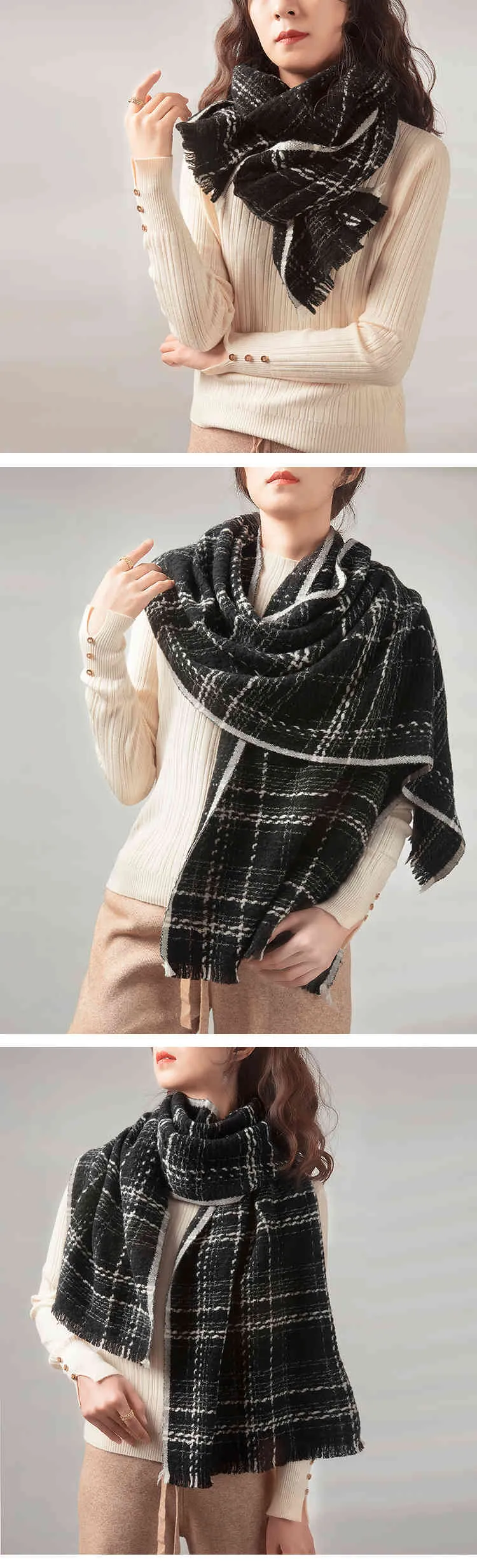 Bufanda de lana cálida tejida a rayas en blanco y negro versátil europea americana 2021 con engrosamiento de cuello estrecho para mujeres i