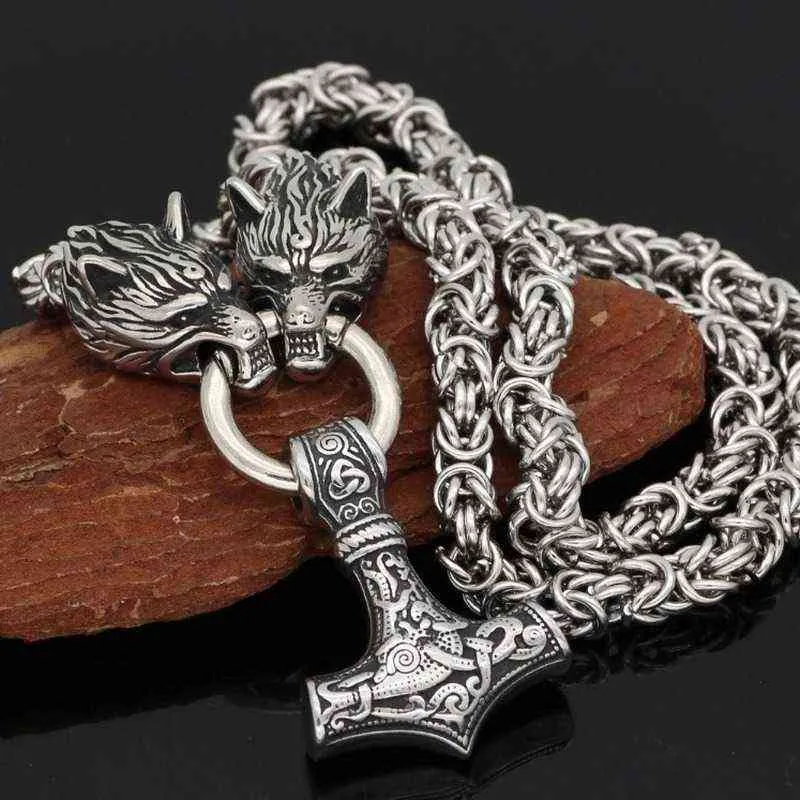 Fashion Personality Stainless Steel Wolf Head and Viking Thor's Hammer Pendant Necklace for Men's Nordic Celtic Symbol Jewelry 220121