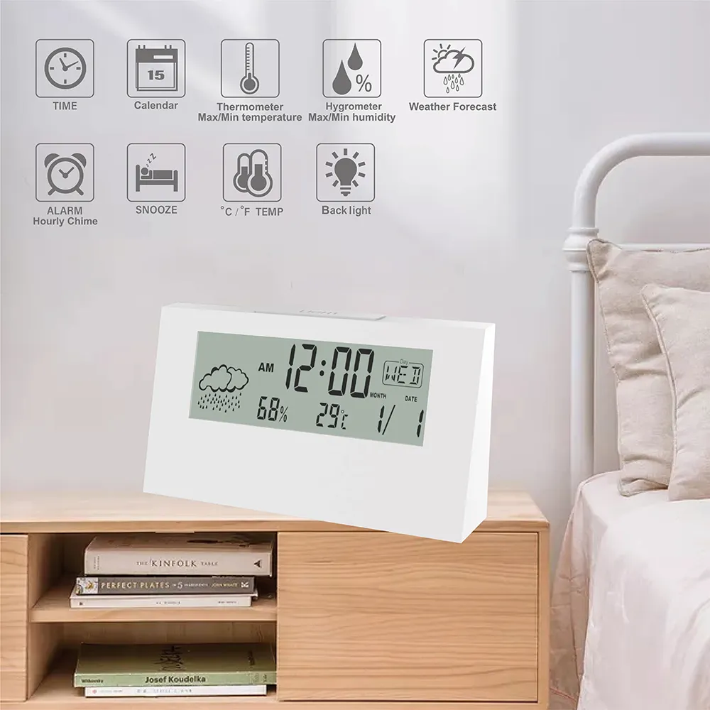 Réveil de bureau LCD électrique blanc avec calendrier et humidité de la température numérique montre de bureau à domicile moderne à piles 201222
