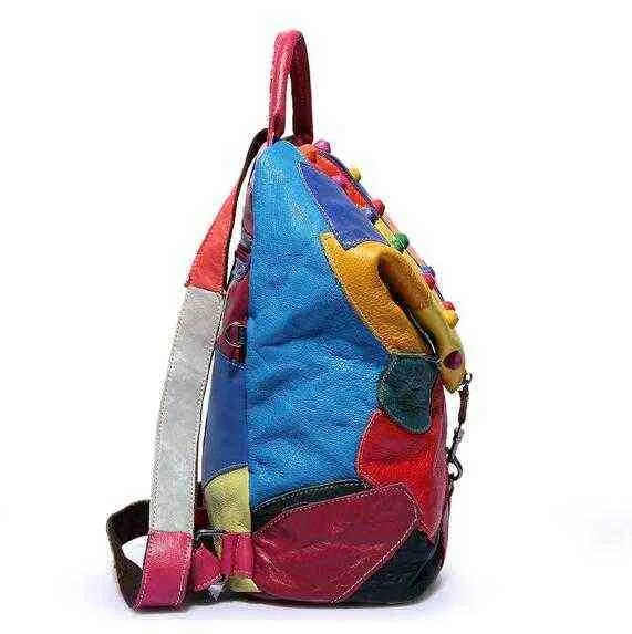 Leder Marke Retro Rucksack Aus Echtem Schaffell Dame Rucksack Designer Reise Bunte Patchwork Luxus Shopper Tasche Mochila 202211