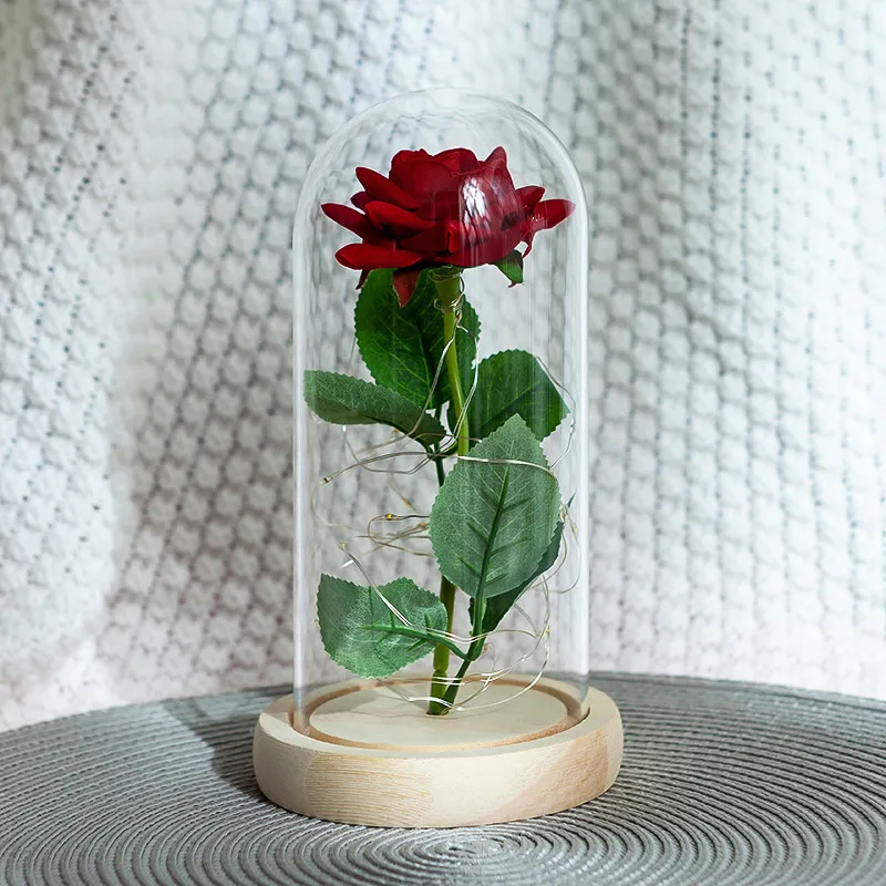 Romantisk Eternal Rose Flower Glass Cover Skönhet och Beast Led Batterilampa Födelsedag Valentinsdag Morgåva Heminredning T200903