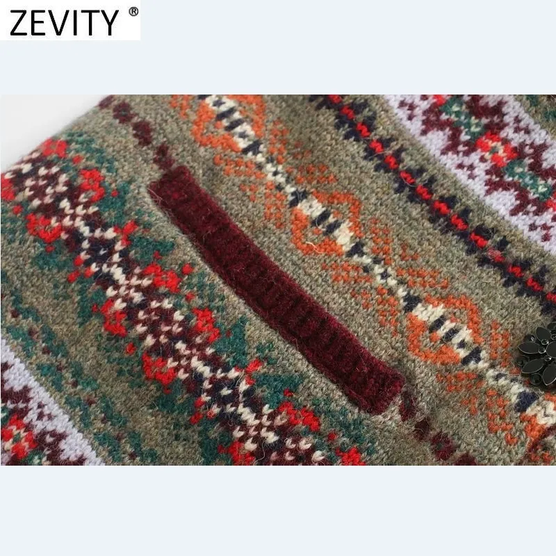 Zevity Women Indie Folk v Neck Contrast Color Flower Print編みベストセーター女性シックなレトロチョッキカーディガントップスS541 210204