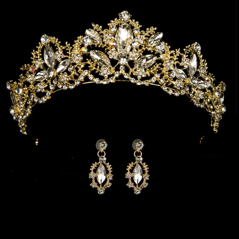 Lyx bröllopskrona prinsessa tiara huvudband hår kvinnlig drottning krona för brud tiaras med örhängen prom party stor diadem j0121