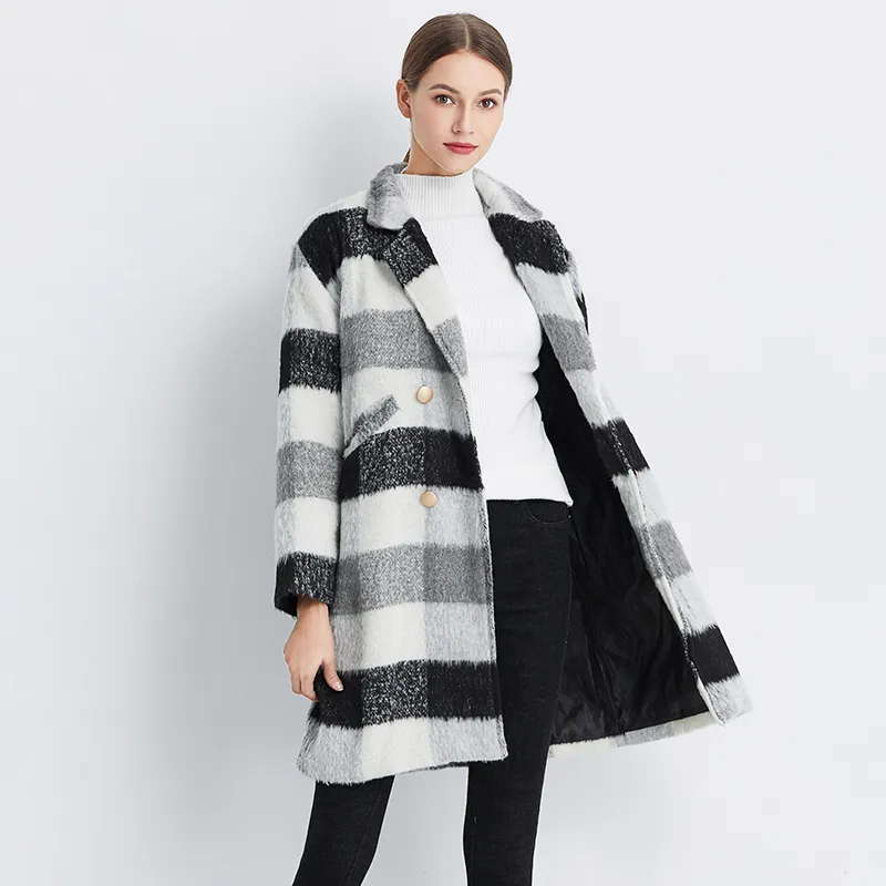 2020 New Autumn Winter Cashmere Trench Jacket Women Casual Black White Plaid Coat Warmth Button Pocket Jackets LJ201106