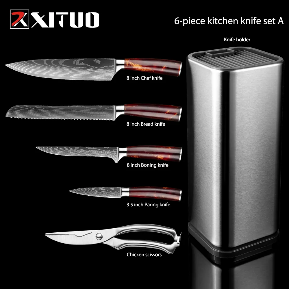 XITUO ensemble de couteaux de cuisine 6-8 pièces, manche en résine rouge Laser motif EAMASCUS Chef LNIFE couperet à pain couteaux à trancher Gift275P