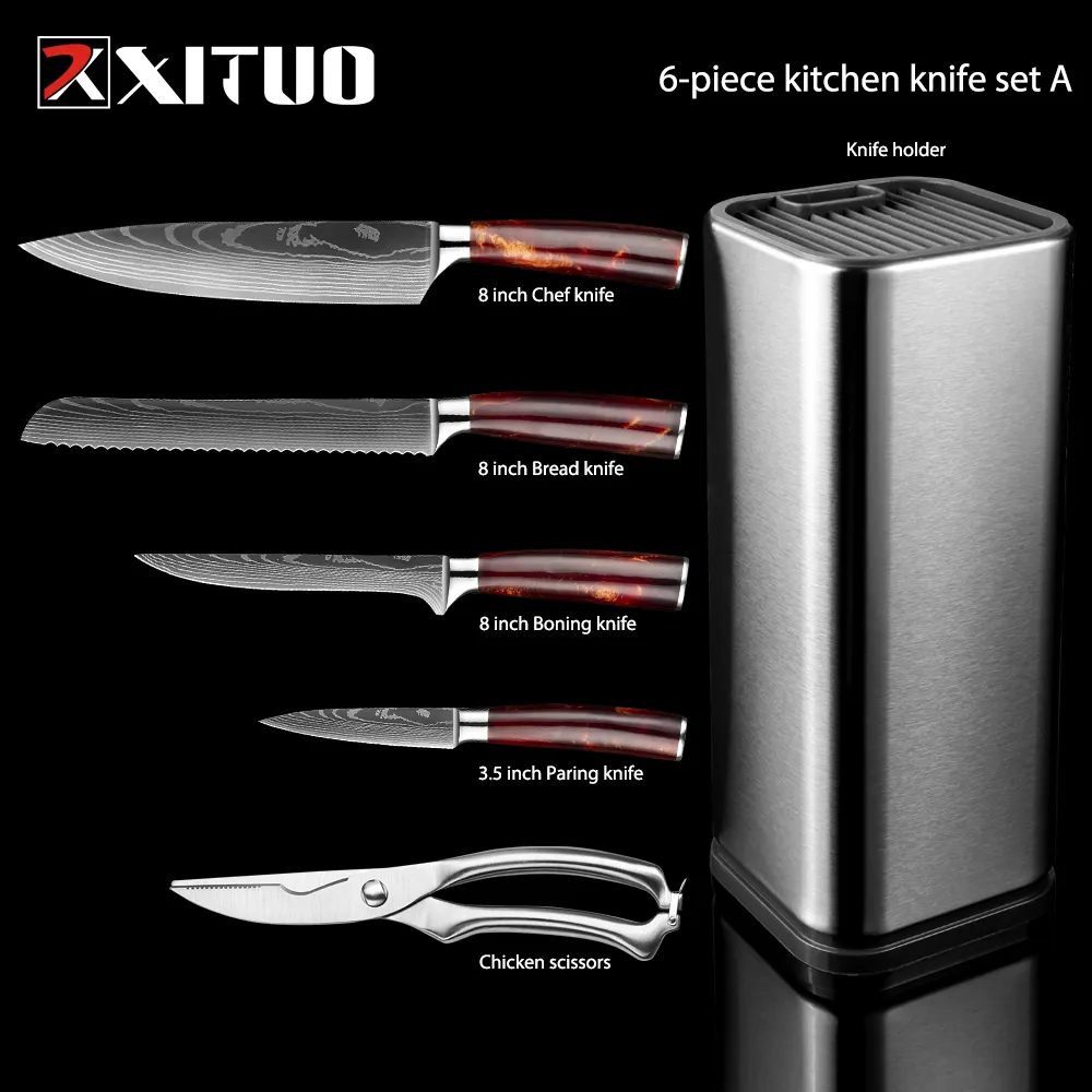 XITUO Kitchen Knives Set 6-Set Red Resin Handle Laser EAMASCUS Pattern Chef LNIFE Bread Cleaver Slicing Knives Gift295v