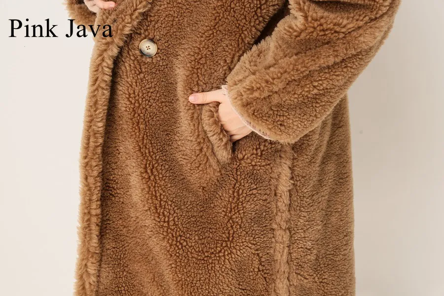 PINK JAVA QC1848 arrival real sheep fur coat long style camel teddy coat over size winter women coat 201214