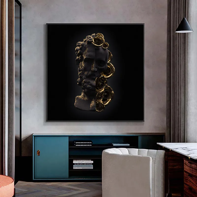 Gold and Black Sculpture with Skull Flower Posters And Prints Canvas Paintings on the Wall Decorative Canvas Picture for Room