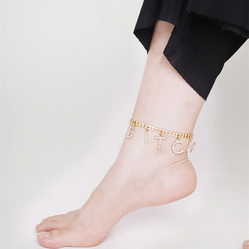 Hip Hop Women Bitch Crystal Anklets Armband Tennis Letter Diy Jewelry Silver Color Gold Foot Beach Leg Chain Barefoot Ankle T20092645227